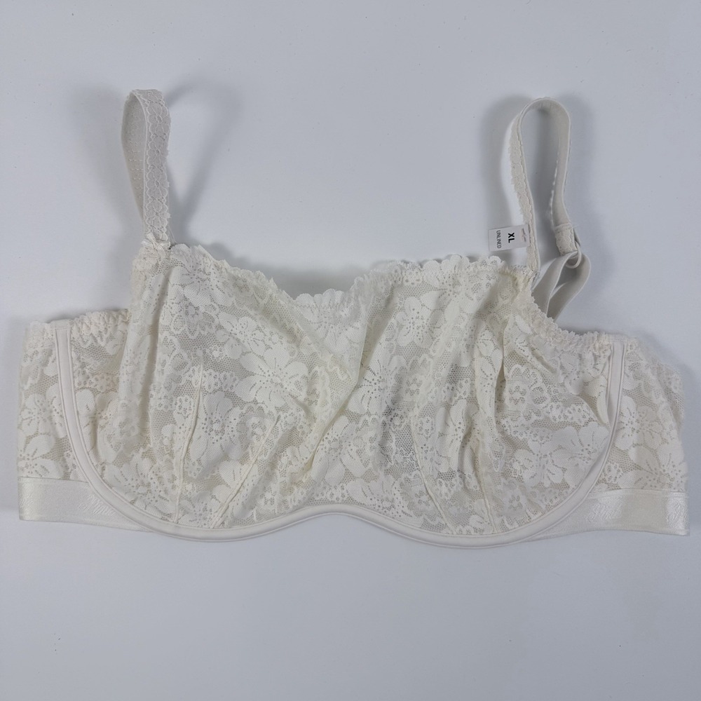 Victoria's Secret PINK Wink Unlined Scoop Bra Ivory Floral Lace Sheer XL NWT